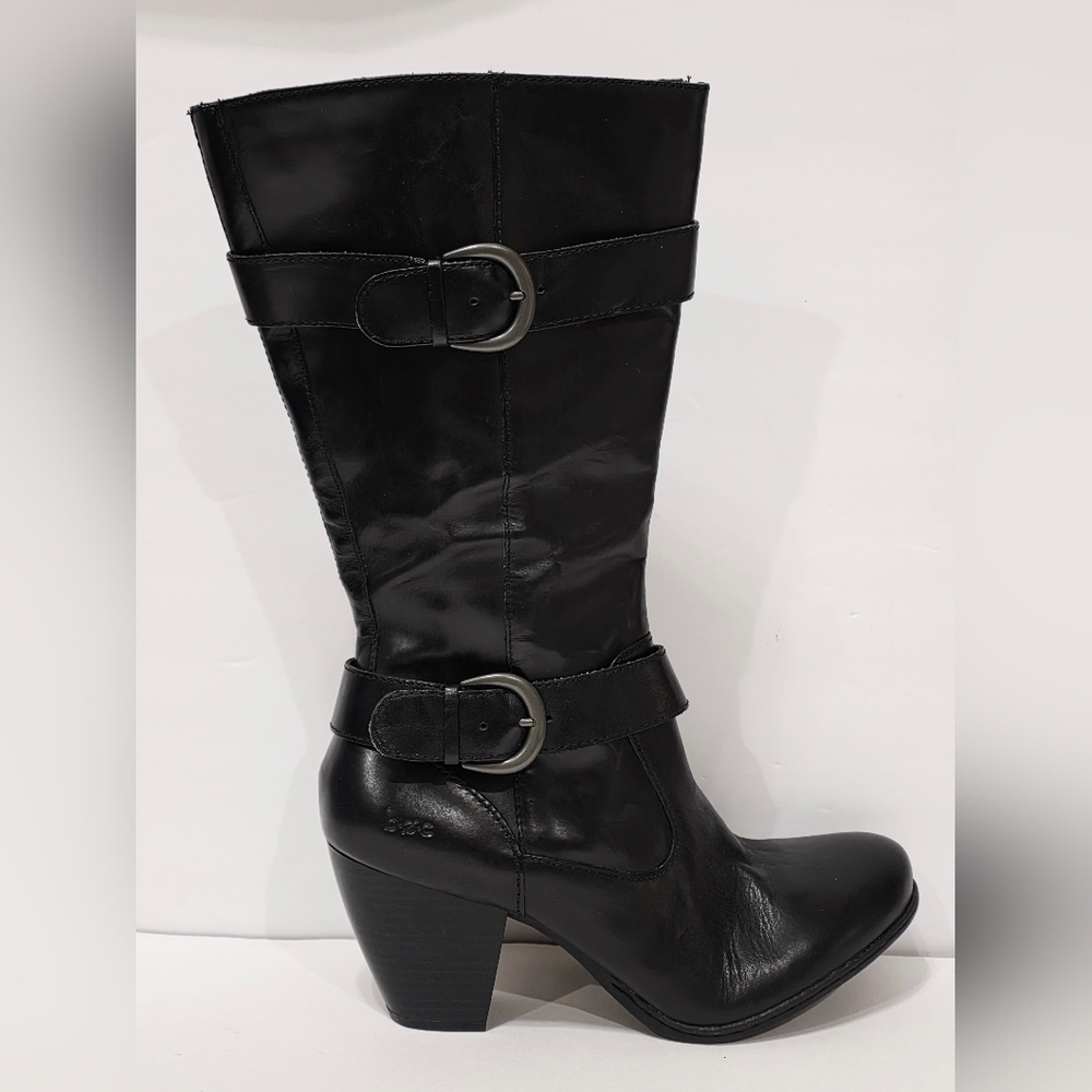 Boc Born BC3801 Black Leather Boot Mid Calf Zipper Buckle Riding Biker 10 New